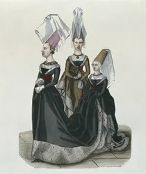 Princesa y damas de compañía en 1470, grabado por Gautier