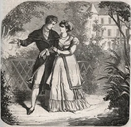 La Princesa de Gales Carolina de Brunswick (1768-1821) caminando con su amante, Bartolomeo Bergami. Grabado de 1871 en "Histoire Des Cocus Celebres" de Henry de Kock (1819-1892)