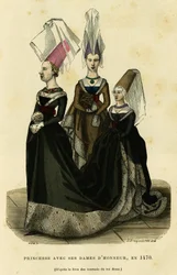 Princesa con sus damas de honor, hacia 1470. Grabado en color según el libro de los torneos del rey René, en "France et les francais a travers les siecles" de Augustin Challamel, F.Roy editor, París 1882. Colección Selva.