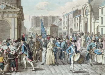 Prisioneros en la rue Saint-Antoine después de ser liberados de la Bastilla el 14 de julio de 1789