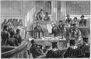 Proceso de Marie Fortunee Capelle, conocida como Marie Lafarge, una criminal francesa condenada por el asesinato de su esposo en 1840 - Grabado en "Ciencias al alcance de todos - física y química" por Alexis Clerc - Finales del siglo XIX - Colección privad