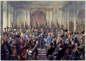 Proclamación del Imperio Alemán el 18/01/1871 en la Galería de Hielo de Versalles tras la derrota francesa en la Guerra de 1870 contra Prusia. Guillermo I (1797-1888) es proclamado emperador. Siglo XIX París, Museo Carnavalet