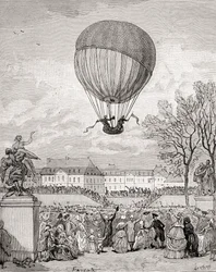El profesor Jacques Charles y Nicolas-Louis Robert vuelan el primer globo de hidrógeno tripulado del mundo el 1 de diciembre de 1783 en los Jardines de las Tullerías, París, de 