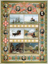 El progreso durante el reinado de la reina Victoria (1819-1901). Veleros, barcos de vapor, tren de vapor y alumbrado público de gas y eléctrico, 1887