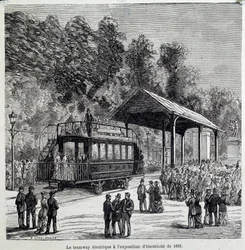 Progreso en el transporte: el tranvía eléctrico exhibido en 1881. Grabado del siglo XIX