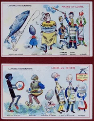 Tarjetas promocionales y educativas para niños que representan especialidades alimentarias de las regiones de Maine-et-Loire y Loir-et-Cher, c.1910