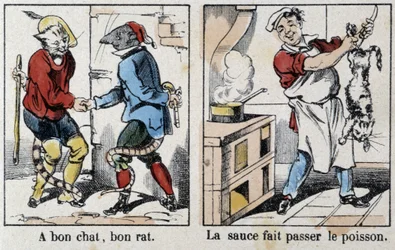 Proverbios en imágenes de Epinal: “Un buen gato, buen ratón” y “La salsa pasa el pescado” - imagen de Epinal, s.f.