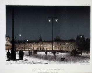 Alumbrado público con luz eléctrica en la plaza del Carrusel de París 1883 - en «Magnetismo y electricidad» de Amédée Guillemin