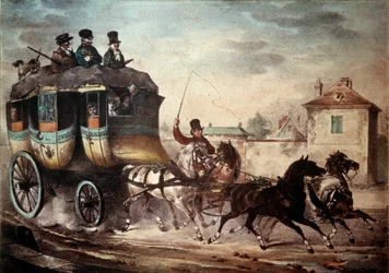 Transporte público: diligencia de la línea entre París y Meaux. Ilustración de Villain en 1824.