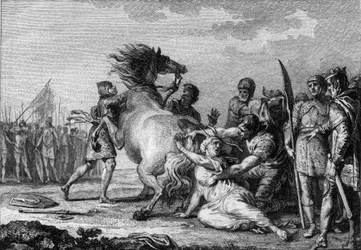 Castigo de Brunehaut, 613: Brunehaut o Brunehilde (543-613), reina de Austrasia, es atada a la cola de un caballo indomable antes de ser arrastrada al suelo. Grabado del siglo XVIII.
