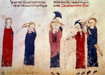 Castigo: tortura de los culpables. Miniatura del manuscrito "Costumbres de Toulouse".