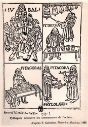 Pitágoras (c.580-500 a.C.) descubriendo las consonancias de la octava, de Theorica Musicae por Franchino Gaffurio, publicado por primera vez en 1480, de Revue de l