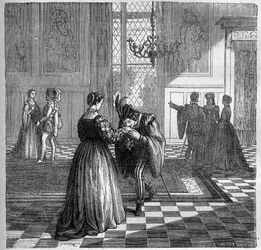 La Reina Margarita de Navarra (1492-1549) se encuentra con Pomini. Grabado en “La historia de la prostitución y la depravación entre todos los pueblos del mundo desde la antigüedad hasta el presente” por el Dr. Th. -F. Debray. 1879.