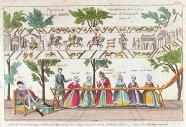 La reina Matilde y sus sirvientes tejiendo el Tapiz de Bayeux, escena de una representación de Vaudeville