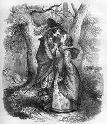 Reina Sofía Dorotea de Zelle (1666-1726), esposa de Jorge I de Inglaterra y el joven Felipe Cristóbal de Koenigsmark, en un momento de intimidad. Grabado en “La historia de la prostitución y la depravación entre todos los pueblos del mundo desde la antigüe