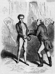 Rastignac mareado deja que el hombre de cabello blanco tome diez luises. Grabado a mediados del siglo XIX. Ilustración para "El padre Goriot" de Honoré de Balzac (1799-1850).