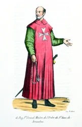 Raymond de Puy, Primer Gran Maestre de la Orden de San Juan de Jerusalén, ilustración de Historia y Trajes de Órdenes Monásticas por el Padre Helyot, 1842