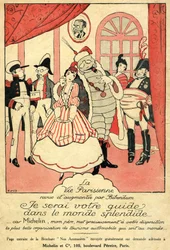 Recuerdo de 1914 para el neumático Michelin. La Vie Parisienne revisada y aumentada por Bibendum: «Seré vuestro guía en el espléndido mundo, porque Michelin, mi padre, os ofrece la organización de turismo automovilístico más hermosa del mundo». En la