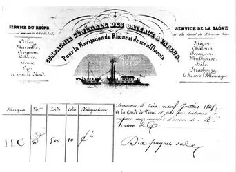Recibo de mercancías emitido por la Compagnie Generale des Bateaux Vapeur Pour la Navigation du Rhone et de ses affluentes