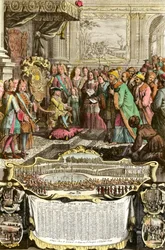 Recepción de Mehemet Effendi embajador turco del gran sultán Achmet por Luis XV el 21 de marzo de 1721 en las Tullerías. Grabado del siglo XVIII. Colección particular.