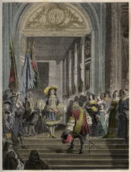 Recepción del Gran Condé en Versalles por Luis XIV - escalera de los embajadores - Recepción del Gran Condé (Luis II de Borbón Condé) por el Rey de Francia Luis XIV en Versalles en 1674. grabado en “PATRIE” - DESCRIPTION PICTURESQUE DE LA FRANCE