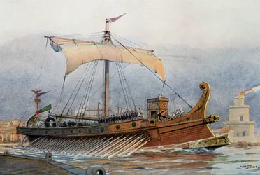 Reconstrucción de un barco romano saliendo del arsenal