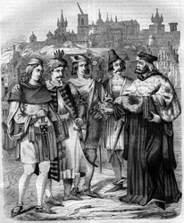 Rector y estudiantes de diversas naciones en la Universidad de Praga en el siglo XVII. Grabado de 1852.