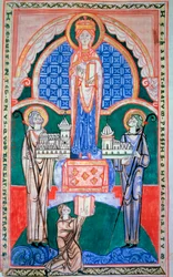 Regne de la Virgen sobre la unión de la Abadía de Citeaux y la Abadía de Saint Vaast. San Jerónimo. Comentario sobre Jeremías. Miniatura del manuscrito de Citeaux, hacia 1125. 32,6 x 31,7 cm. Dijon, Biblioteca Municipal (Ms. 130)