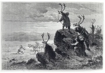 Caza de renos en la Edad de Piedra, ilustración de L