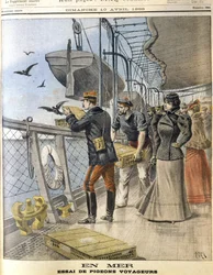 Suelta de palomas mensajeras del ejército francés a bordo del transatlántico La Bretagne entre Le Havre y Nueva York.
