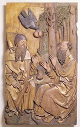 Relieve que representa a San Antonio visitando a San Pablo en el desierto, de la Capilla del Antiguo Hospital en Colmar