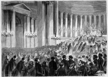 Ceremonia religiosa, París, Navidad 1857: celebración de la Misa de medianoche en la iglesia de la Madeleine. Grabado en "Le Monde Illustré" n°38 del 2 de enero