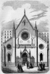 Arquitectura religiosa: vista de la fachada del Templo para estadounidenses que viven en París, rue de Berry, en 1857. Edificio construido por el arquitecto Sr. Salmon. Grabado en "Le Monde Illustré" n°33 del 28 de noviembre de 1857.
