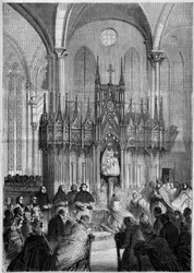 Arte religioso: estatua de Notre Dame du Pillar o "Virgo Noire" (alrededor de 1540) en la catedral de Chartres (Eure et Loire, 28) en 1858. Grabado en "Le Monde Illustré" n°89 del 25 de diciembre de 1858.
