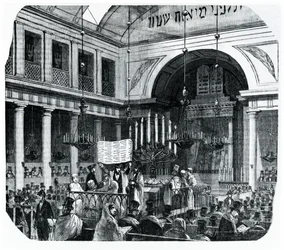 Ceremonia religiosa en la antigua Sinagoga de París para Rosh Hashaná, ilustración de Le Tableau de Paris por Edmond Texier, publicado en París, 1852