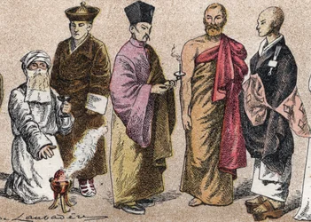 Trajes religiosos de Asia: de g a d retrato de un sacerdote Parsi (parsi o seguidor del parsismo), Lama (maestro espiritual tibetano), sacerdote budista chino, bonze de Ceilán y sacerdote budista japonés - Grabado - Trajes religiosos de Asia: de izquierda 