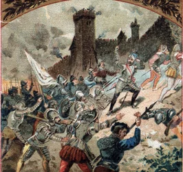 Guerras religiosas: los hugonotes tomaron el castillo de Dampierre en 1567. Cromolitografía de finales del siglo XIX