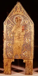 Arca relicario de San Calminio, (detalle) de San Pablo con una espada y un libro, Limoges (cobre y esmalte champlevé)