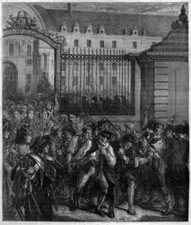 Retiro de armas de los Inválidos por el pueblo “contra el despotismo, la insurrección es el más sagrado de los derechos y el más santo de los deberes”. Grabado en “Histoire des Papes-Rois-Reinas y Emperadores a través de los siglos” de Maurice Lachatre