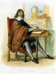 René Descartes escribiendo - en Ed. Mennechet, "Le Plutarque français"