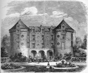 Arquitectura renacentista - los castillos del Loira: vista de la fachada del Castillo de Lude en 1857. Le Lude, Sarthe (72). Grabado en "Le Monde Illustré" n°28 del 24 de octubre.