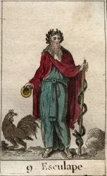 Representación de Asclepio, dios de la Medicina, sosteniendo un bastón de Asclepio, un bastón de peregrino con una serpiente enrollada, símbolo del conocimiento