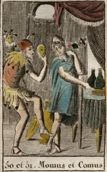 Representación de Comus, divinidad de los gourmets y la cocina, preside los banquetes, representado apoyado en una estaca con una antorcha y Momos, personificación de la burla y el sarcasmo, representado como un bufón de la corte. De “Mitología de la Juven