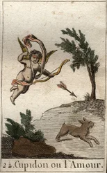Representación de Cupido, o Amor, sirviente de Venus, como un niño con los ojos vendados, dibujando una flecha. De “Mitología de la Juventud” por Pierre Blanchard 1803.