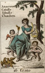Representación de Erato, musa de la poesía lírica, sosteniendo una lira. De “Mitología de la Juventud” de Pierre Blanchard 1803