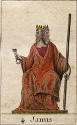 Representación de Jano, deidad de los comienzos y los tránsitos, representado con dos rostros (Jano, o Ianus, es el dios de los portales, las puertas, los comienzos y los finales, representado con dos rostros y una llave). De «Mitología de la juventud» de
