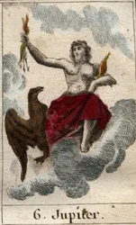 Representación de Júpiter (o Jove), rey de los dioses y dios del cielo y del trueno. De «Mitología de la juventud» de Pierre Blanchard, 1803.