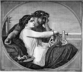 Representación de Lesbia y Catulo (87 - 54 a.C.) poeta latino: el poeta dedicó muchos poemas a la joven prostituta de la que estaba enamorado. Grabado en “La historia de la prostitución y la depravación entre todos los pueblos del mundo desde la antigüedad
