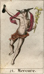 Representación de Mercurio, dios del comercio, los viajes y mensajero de otros dioses. Sostiene un caduceo y lleva un petaso. De “Mitología de la Juventud” por Pierre Blanchard 1803.