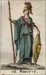 Representación de Minerva, Diosa de las Artes, la Guerra y la Ciencia. Lleva armadura. De “Mitología de la juventud” por Pierre Blanchard 1803.